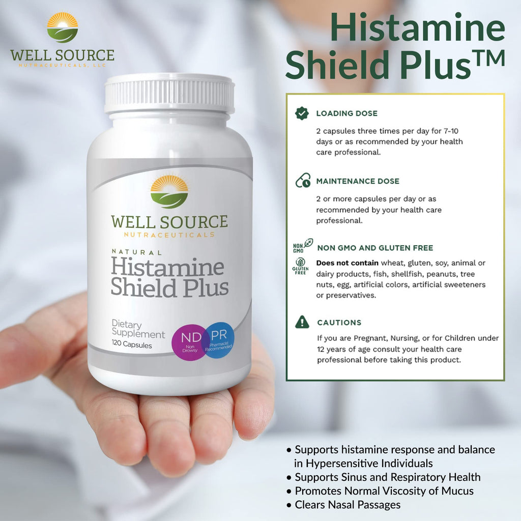 Histamine Shield Plus All Natural Antihistamine Supplement Works for Pollen, Pet Dander, Dust, Mold, and Odor Allergies. 120 Cap