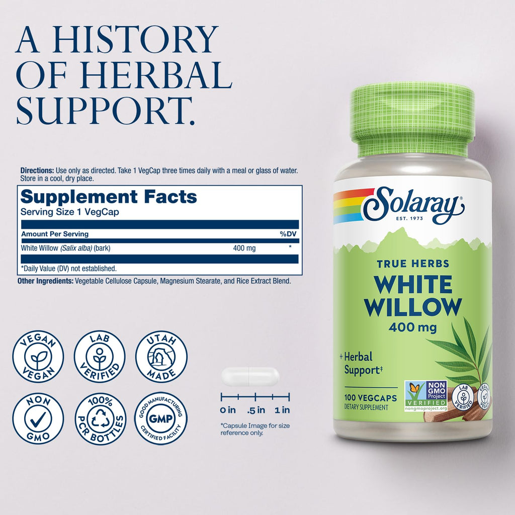 SOLARAY White Willow 400mg - White Willow Bark Capsules - Soothing Herbal Support for Wellness and Comfort w/Naturally Occurring