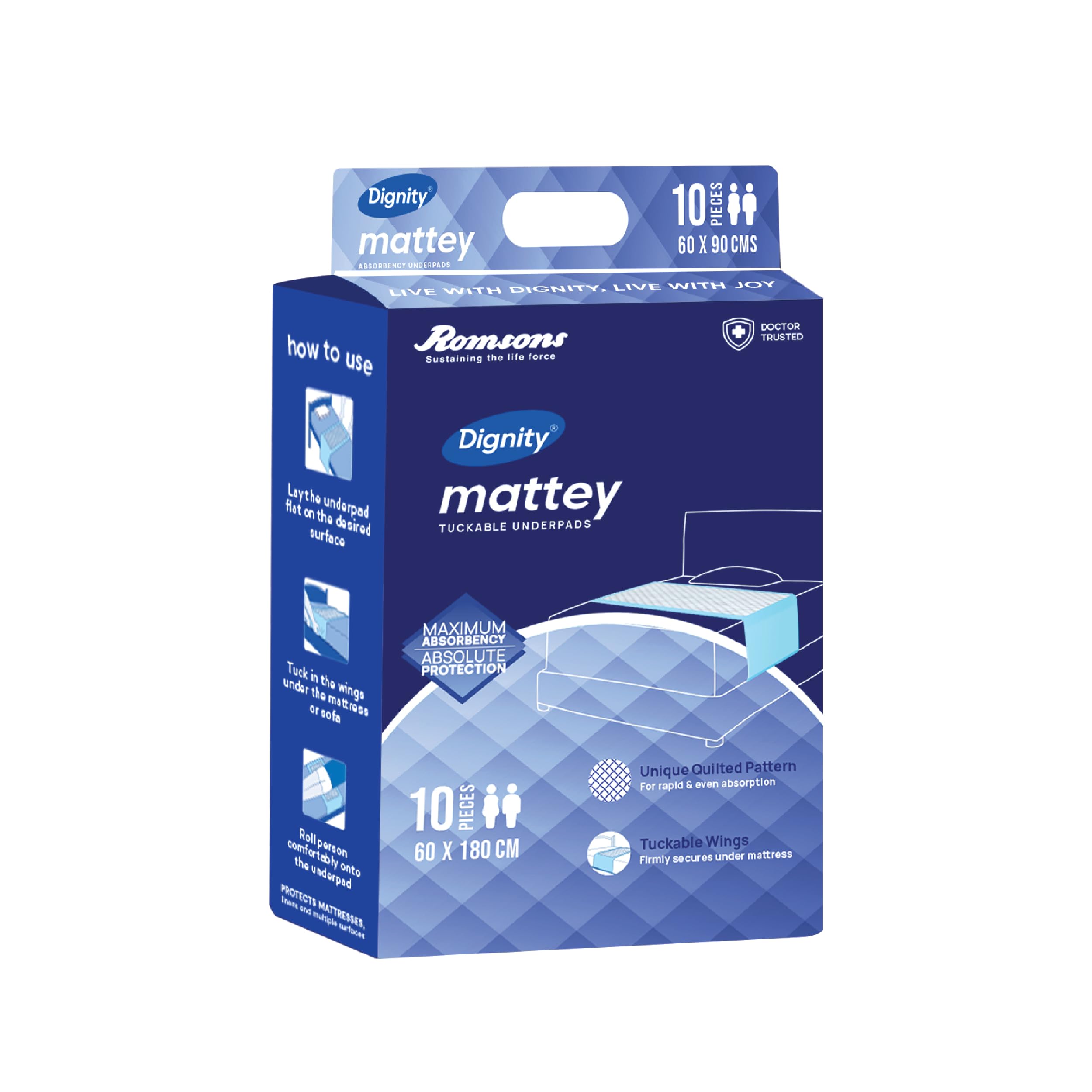 Dignity Mattey Disposable Tuckable Underpads For Adults, 60X180 Cm (10 Pieces)
