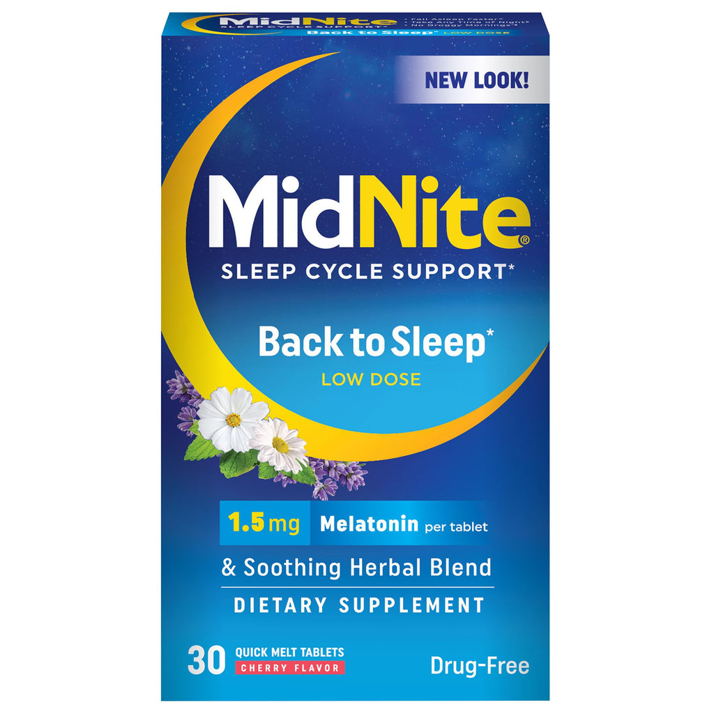 MidNite Back to Sleep Low Dose, 1.5 mg Melatonin Sleep Aid, Non-Habit Forming, Herbal Dietary Supplement for Adults, Drug-Free, 