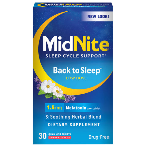 MidNite Back to Sleep Low Dose, 1.5 mg Melatonin Sleep Aid, Non-Habit Forming, Herbal Dietary Supplement for Adults, Drug-Free, 