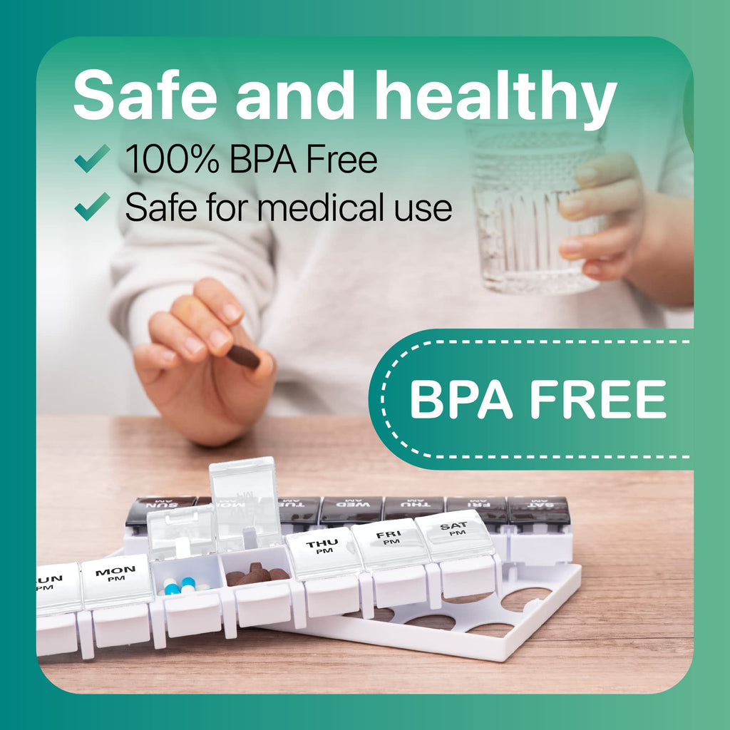 Sukuos AM PM Weekly 7 Day Pill Organizer, 2 Times A Day Pill Box with Arthritis Friendly Push Button, Medicine Cases for Vitamin