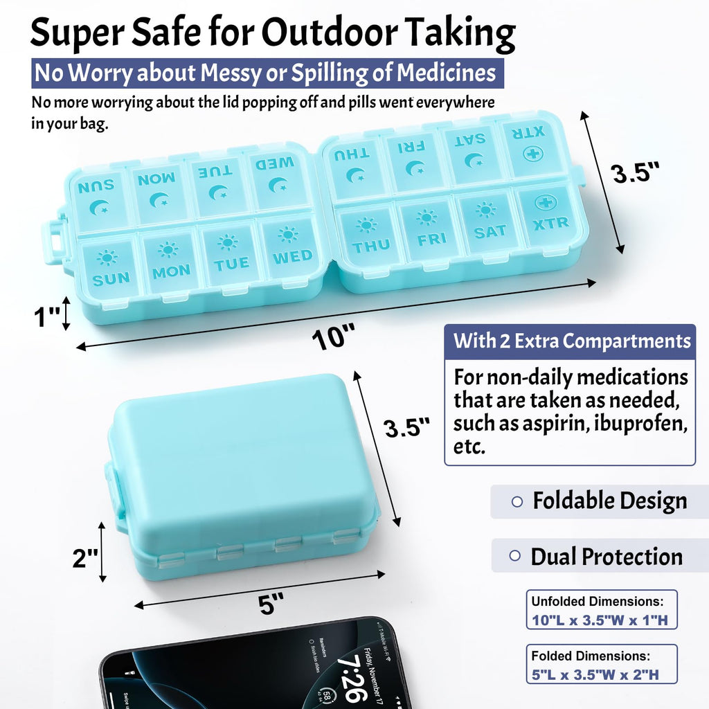 Foldable Weekly Pill Organizer 2 Times a Day with 2 Extra Compartments - Etched Labels - Portable 7 Day AM PM Medicine Box, Week