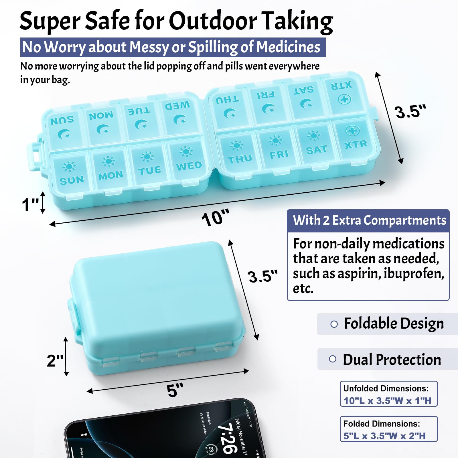 Foldable Weekly Pill Organizer 2 Times a Day with 2 Extra Compartments - Etched Labels - Portable 7 Day AM PM Medicine Box, Week