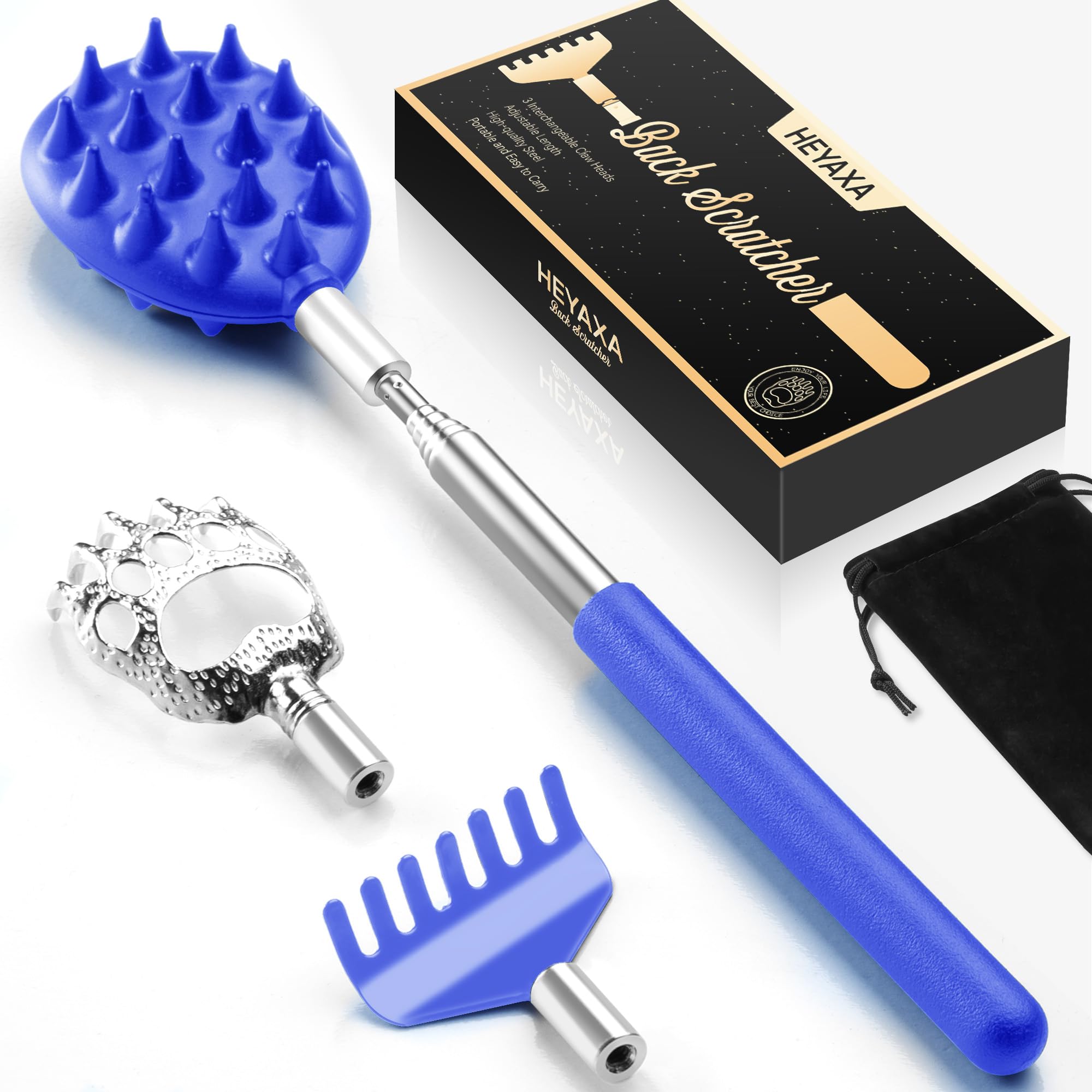 HEYAXA Telescoping Back Scratcher with 3Pcs Detachable Heads, Gifts for Christmas, Stocking Stuffers Birthday Gifts for Men, Wom