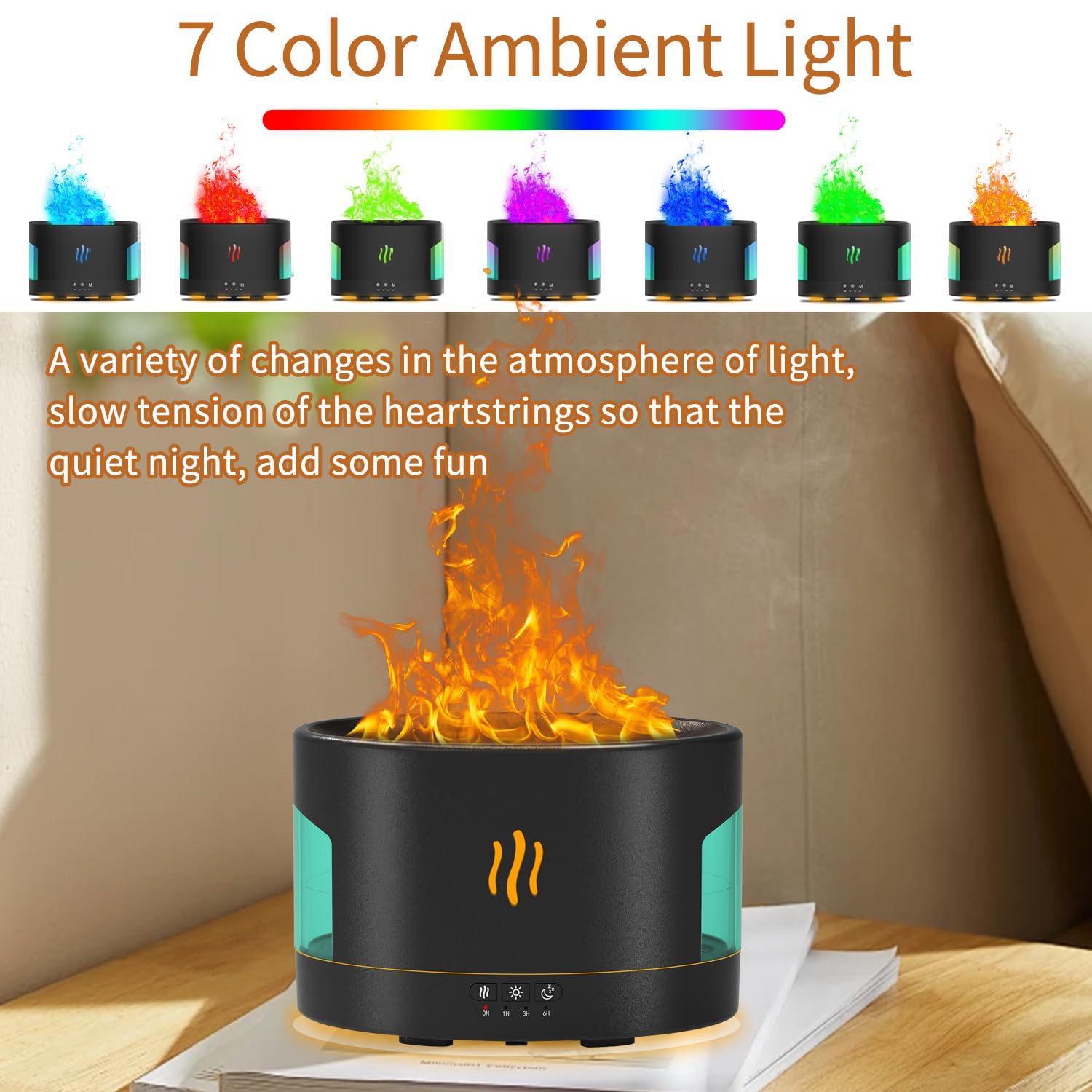 Depulat 4-in-1 7-Color Flame Aroma Essential Oil Diffuser, 450ML Quiet Humidifier for Large Room Mist Adjustable, Bluetooth Spea