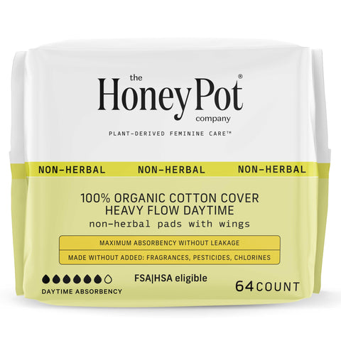The Honey Pot Company - 64ct - Pads for Women - Non-Herbal Heavy Flow Daytime Pads w/Wings - Organic Cotton Cover & Ultra-Absorb