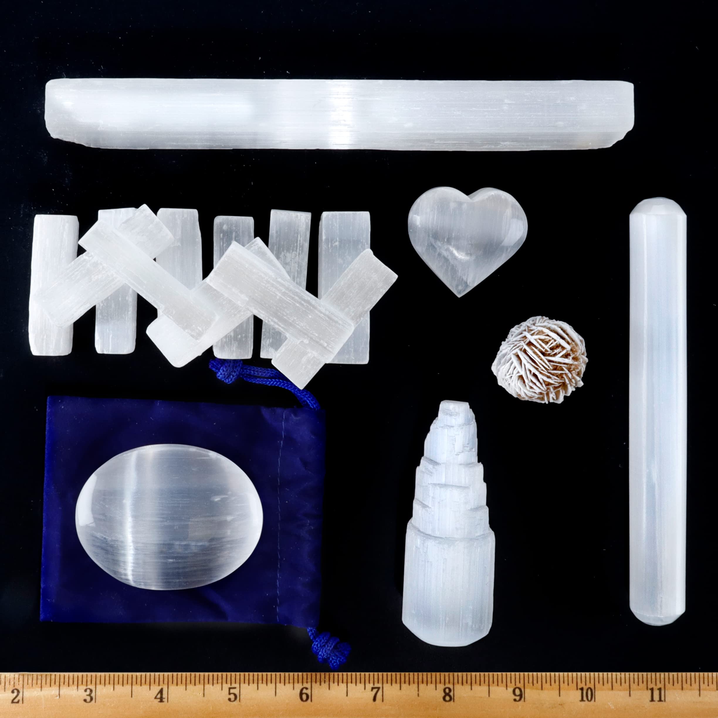 DANCING BEAR Selenite Protection Collection (22 pc Set): 12-15 Sticks (1.5-2   ), Palm Stone, Heart, Tower, 8 Stick, 5.5 Massage