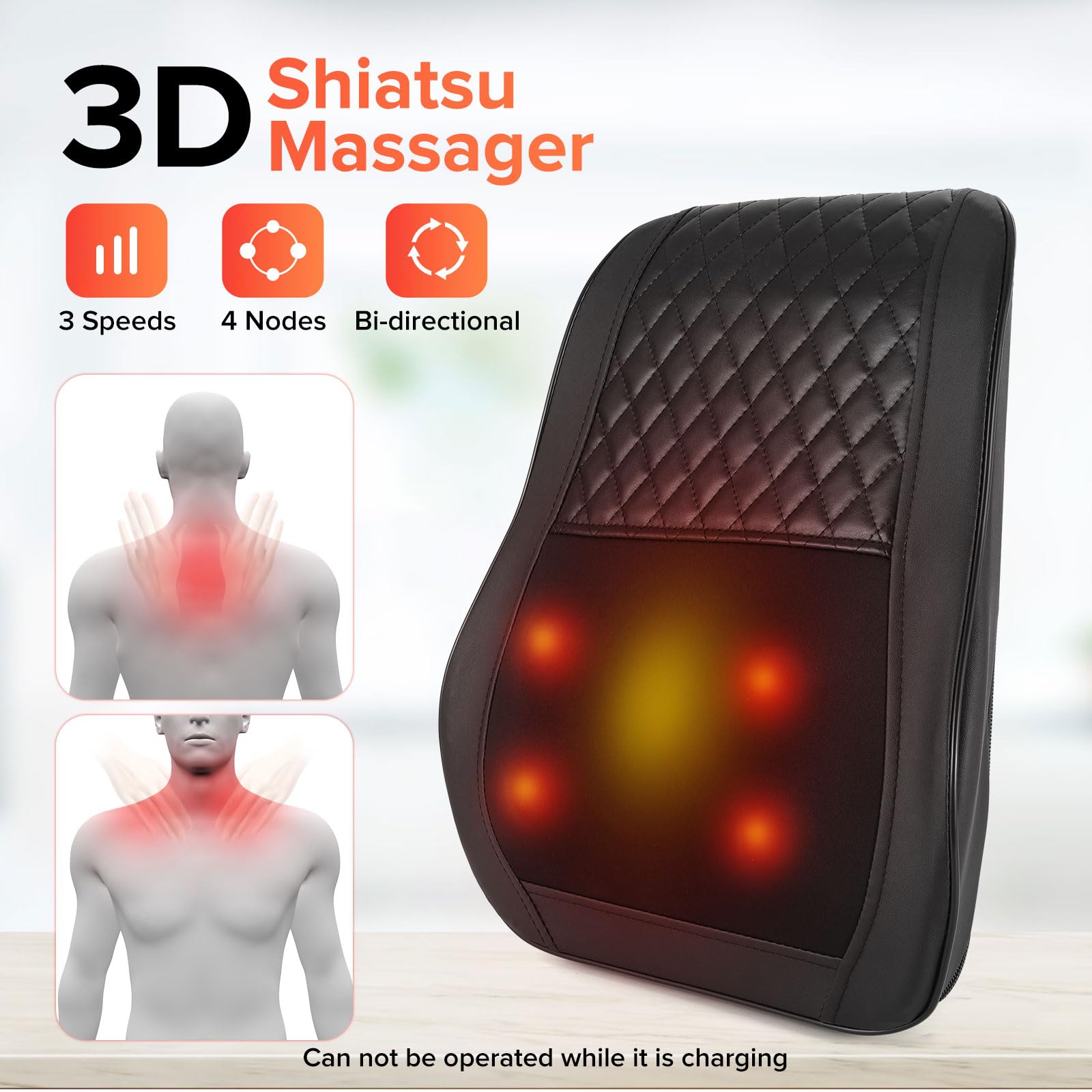 AERLANG Cordless Neck and Back Massager with Heat, 3D Shiatsu Kneading Pillow, 4 Massage Nodes & Bi-Directional Deep Tissue Mass