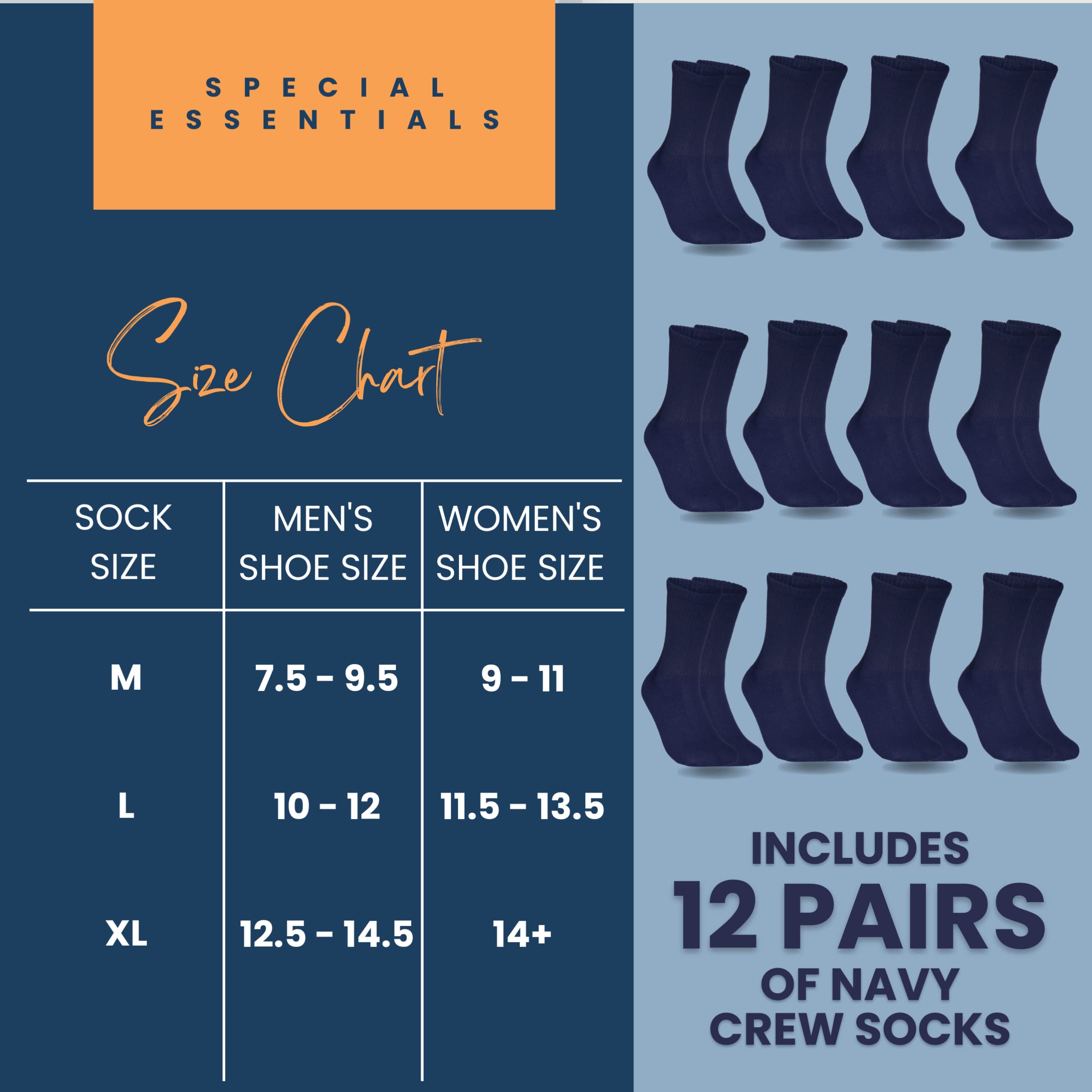 Special Essentials 12 Pairs Cotton Diabetic Socks for Men & Women - Non-Binding Extra Wide Top Neuropathy Socks - Crew Socks Nav