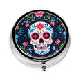keluki Mexican Sugar Skull and Flowers Print Round Metal Pill Box with 3 Compartment for Pocket or Purse Travel Bag Mini Small S