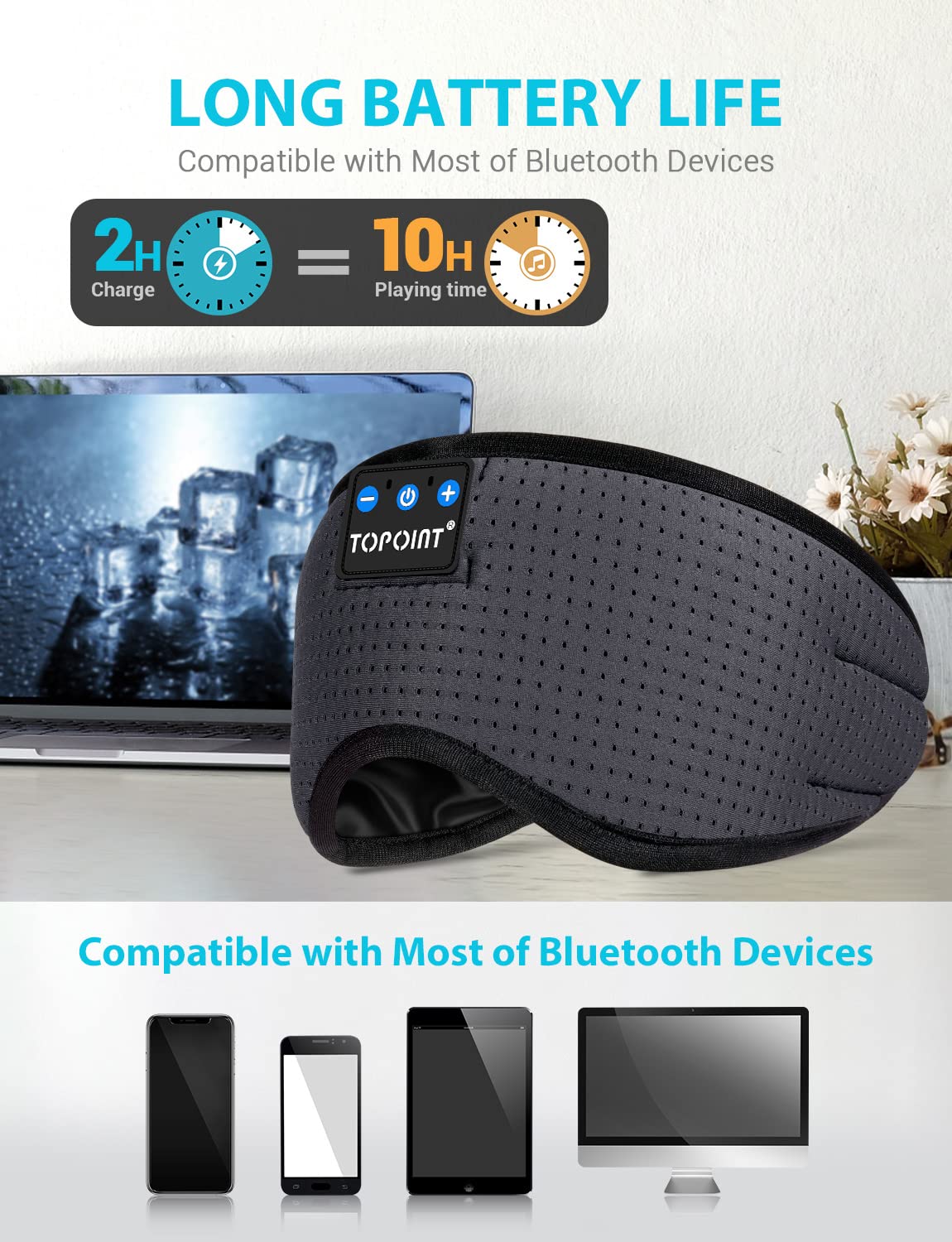 Sleep Headphones Wireless Bluetooth, TOPOINT Eye Mask for Sleeping with Microphone Handsfree, Silk Sleep Mask for Side Sleepers