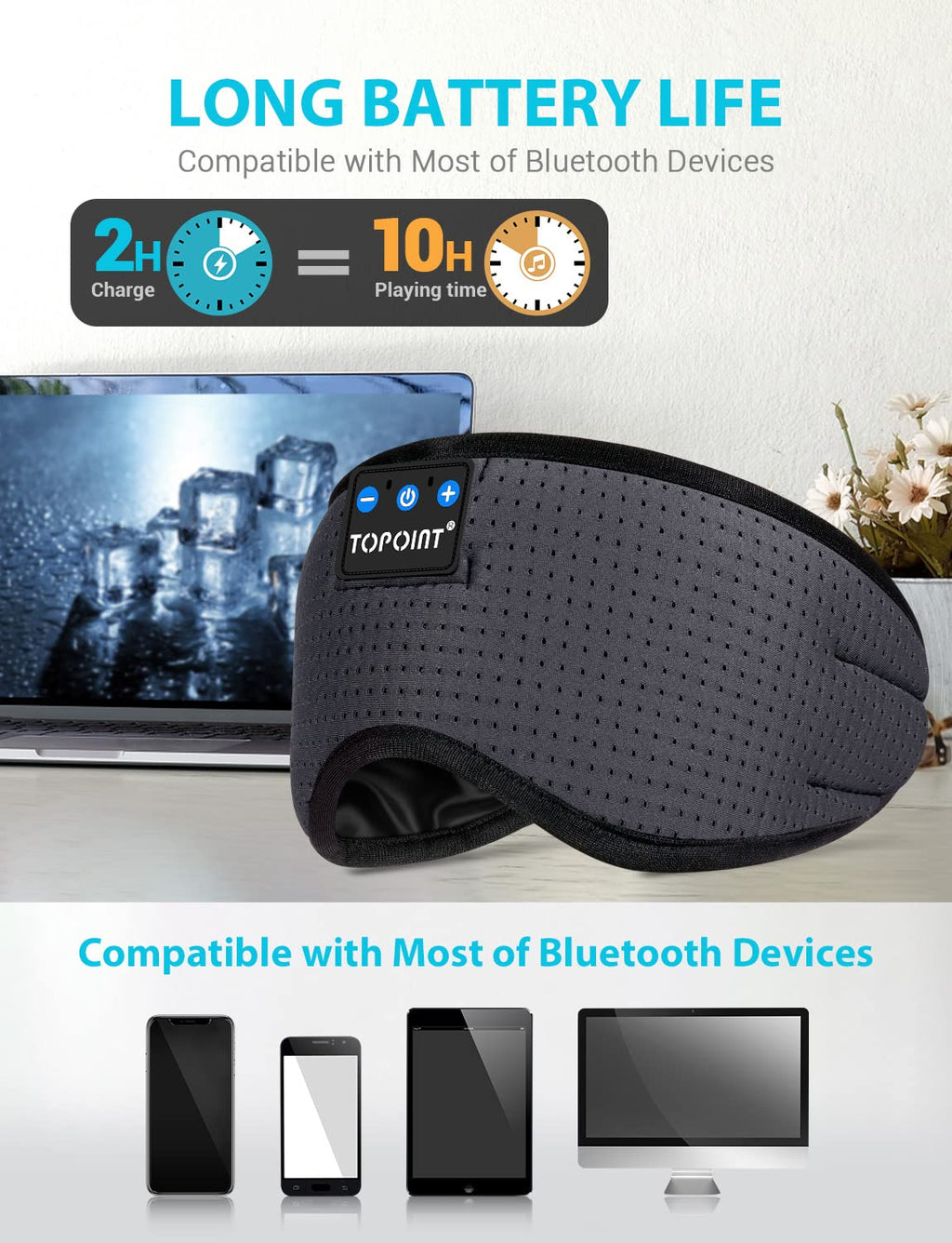 Sleep Headphones Wireless Bluetooth, TOPOINT Eye Mask for Sleeping with Microphone Handsfree, Silk Sleep Mask for Side Sleepers