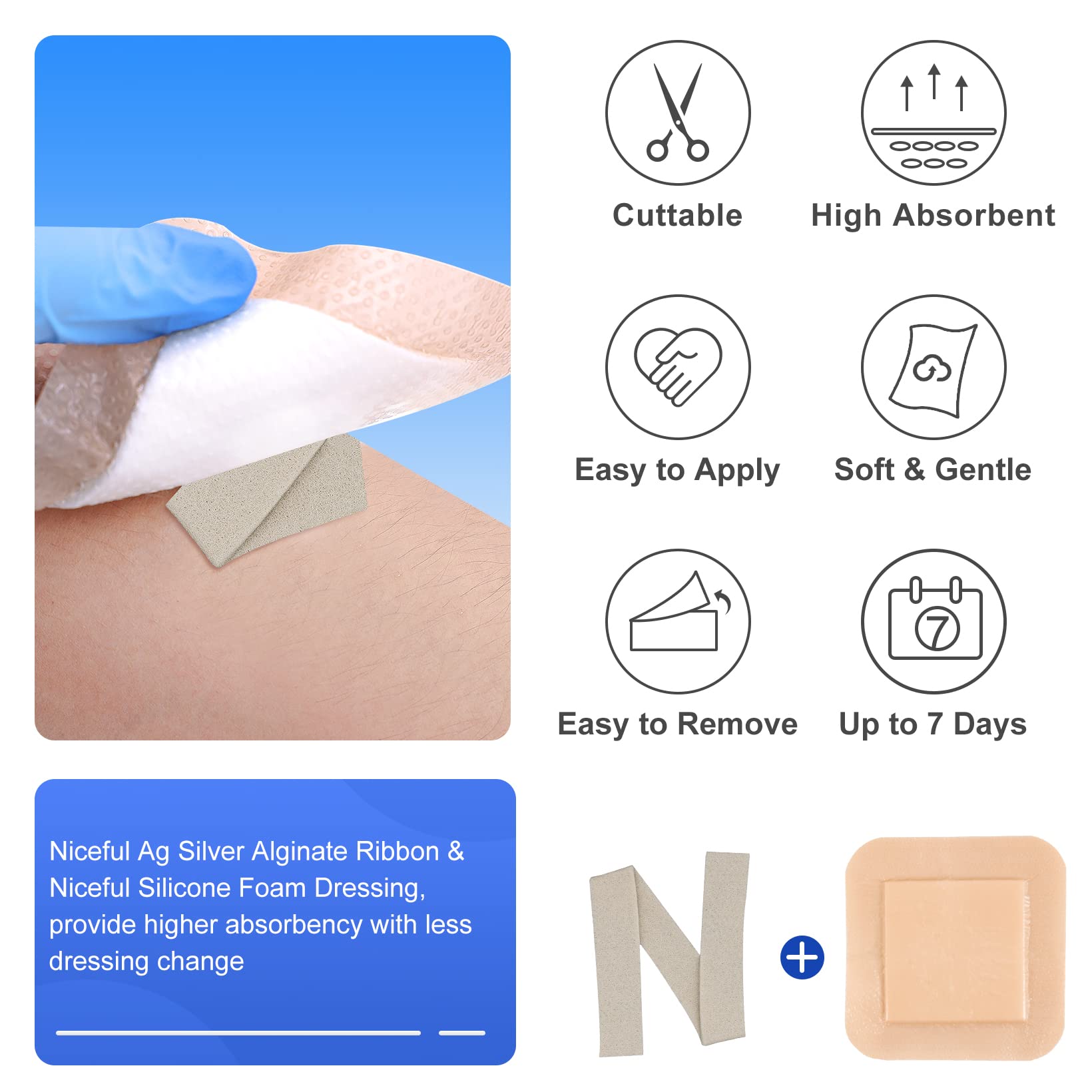Niceful 5 Pcs Silver Calcium Alginate Wound Dressing 0.8x12, Ag Calcium Alginate Rope with Silver, HSA FSA Eligible, High Absorb