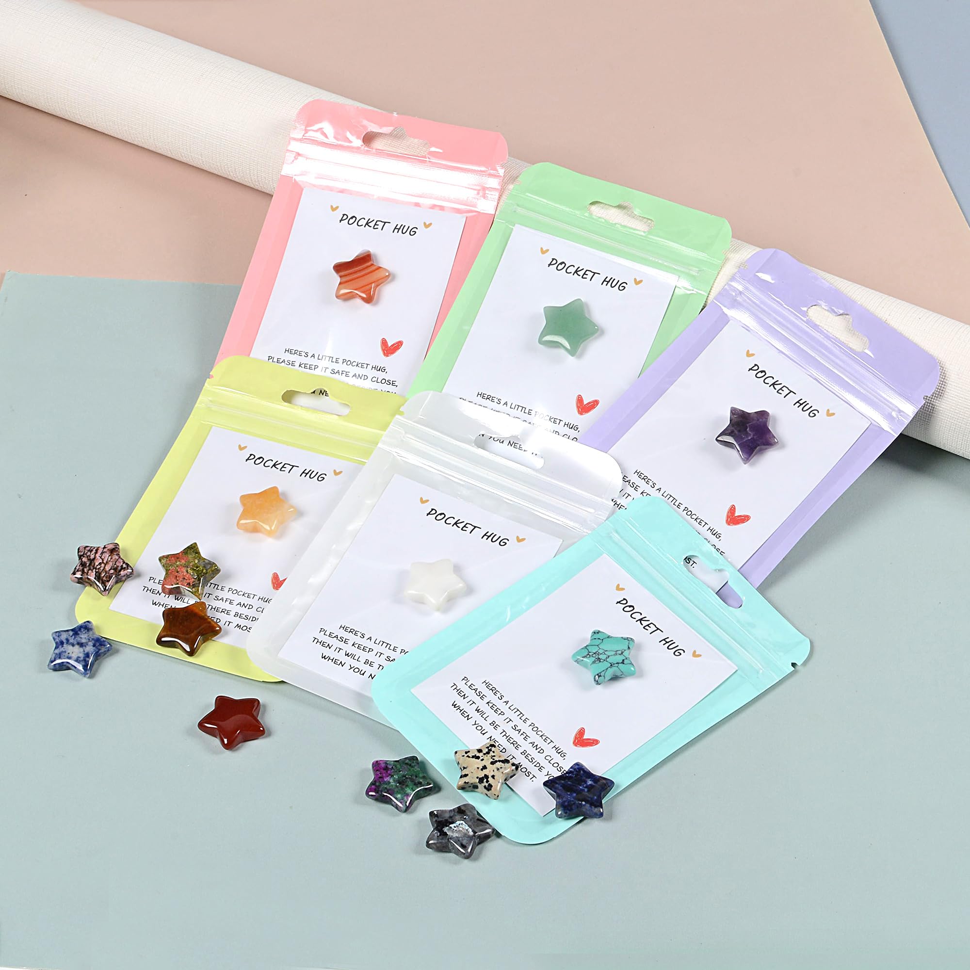 ISAROARO 42 Sets Bulk Pocket Hug Little Star Worry Stones Token Gift Card for Friends Colleagues Family Distance Social Celebrat