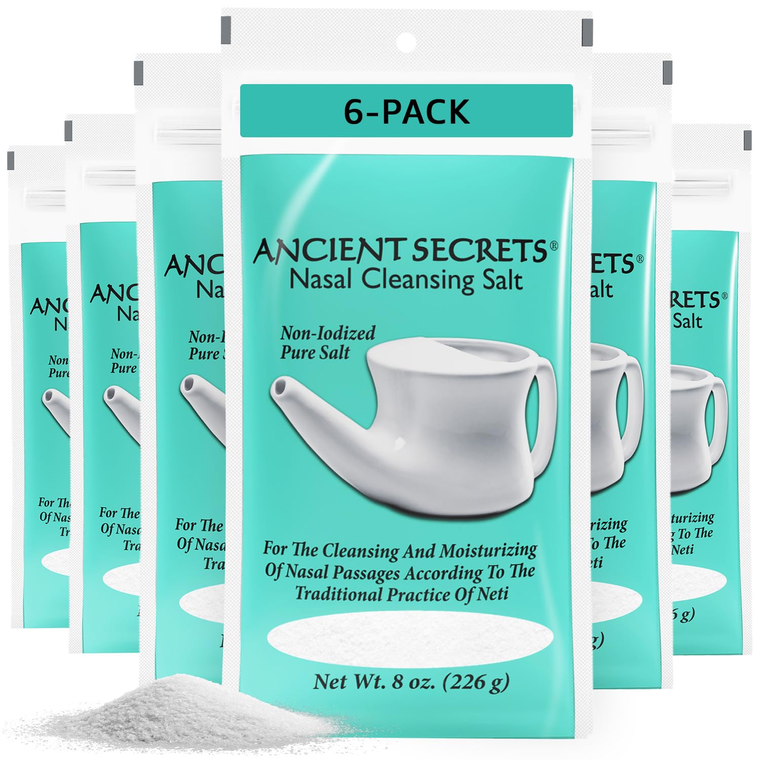 ANCIENT SECRETS Nasal Cleansing Salt, Non-Iodized, 6-Pack - USP-Grade Sodium Chloride for Any Neti Pot, Sinus Irrigation System,