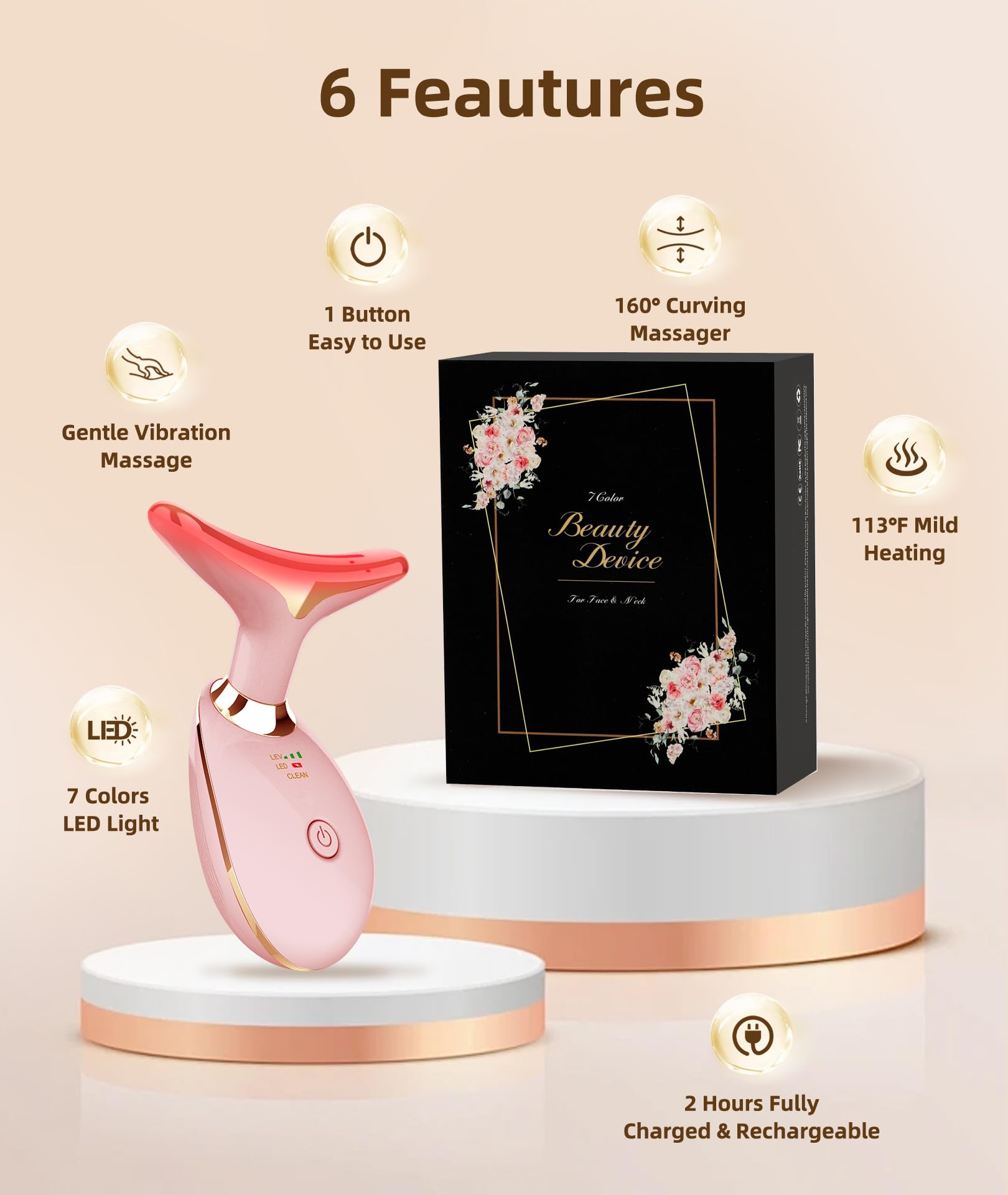 ELISHINE 7 Color Face and Neck Massager Light Therapy, Red Light Based Facial Massager for Skin Care, Firming, Smoothing (Rose G