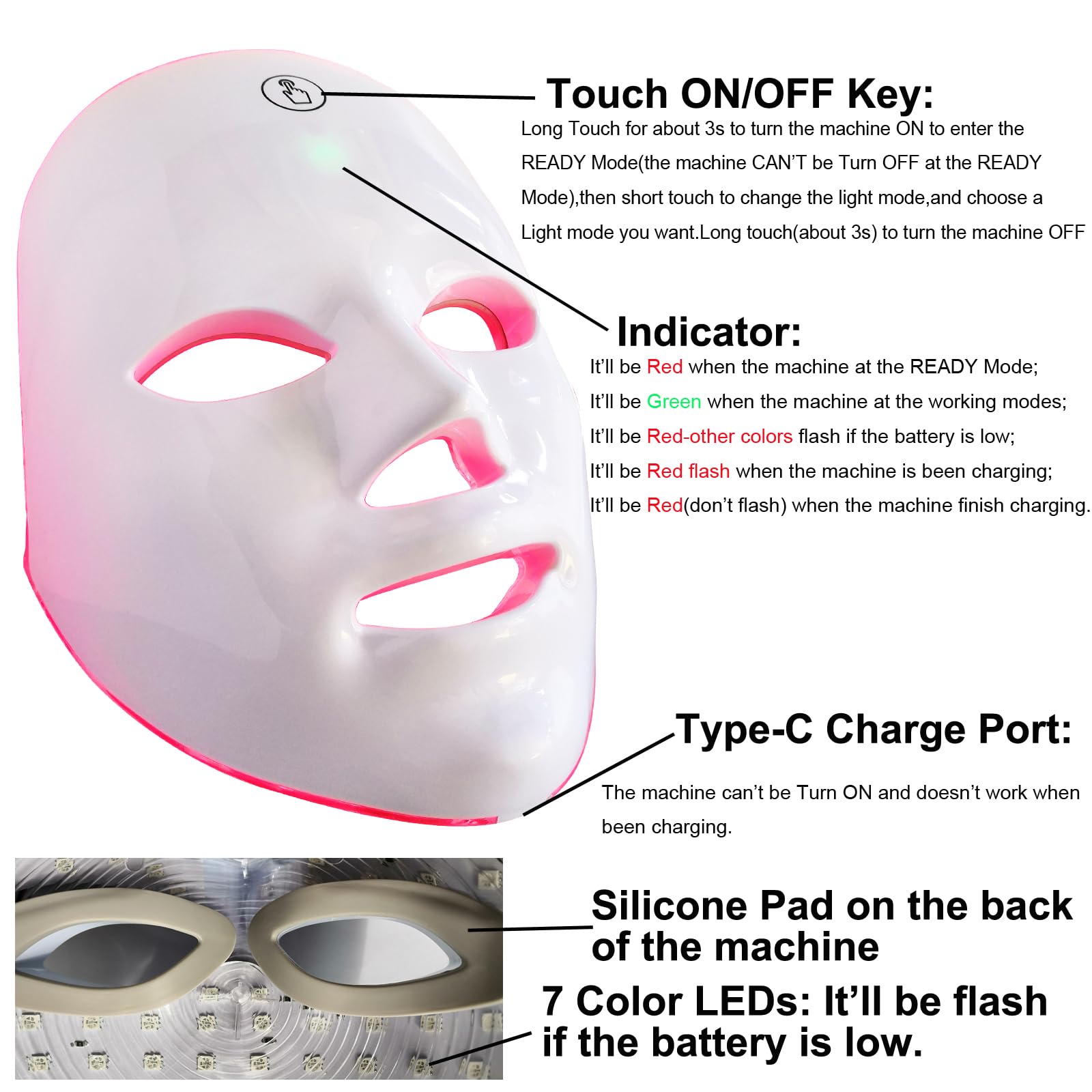 Red Light Therapy Mask for Face, Blue Red LED Light Therapy Device, 7+1 Colors LED Facial Skin Care Mask At Home, USB Rechargeab