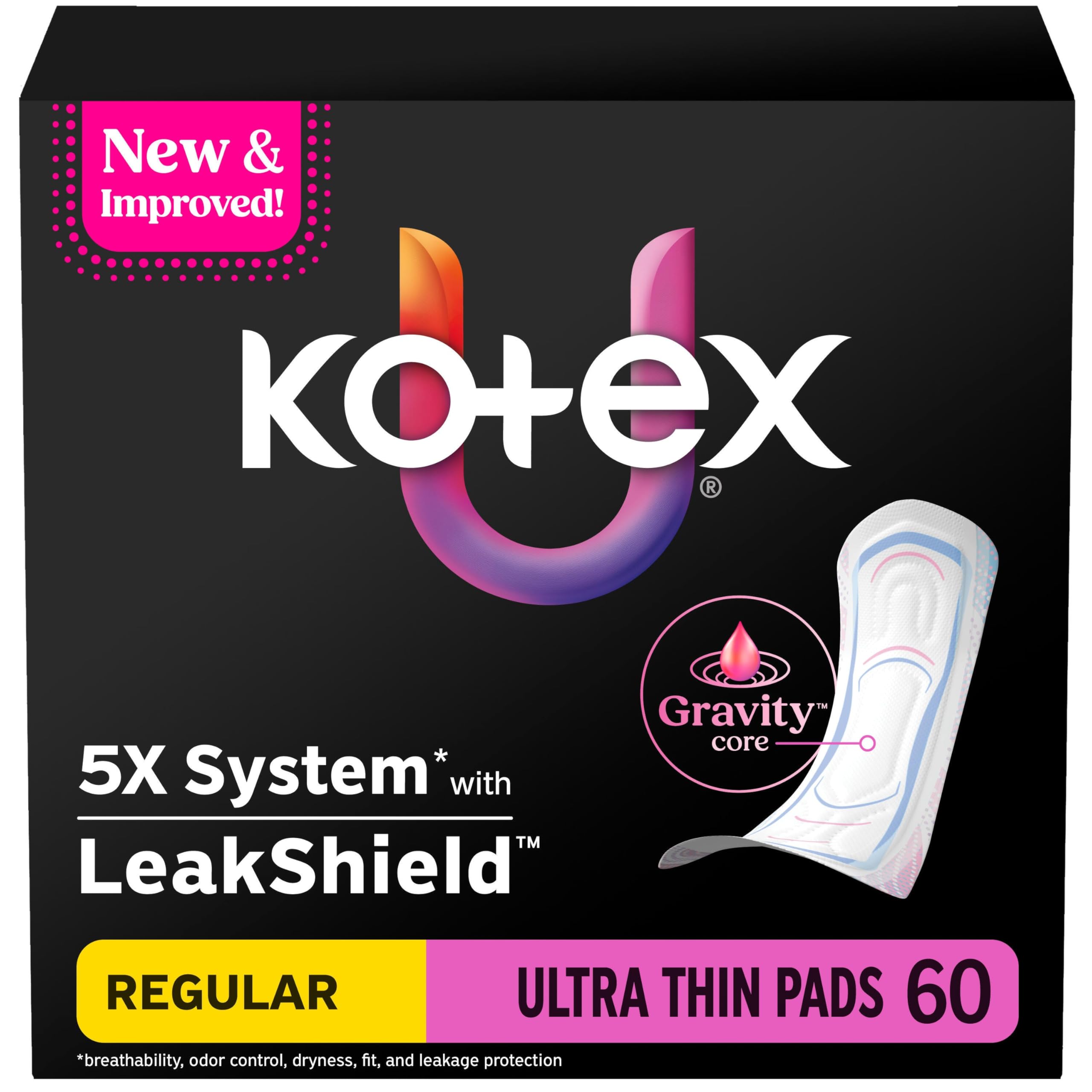 Kotex Ultra Thin Pads, Regular Absorbency, 60 Count (Packaging May Vary)