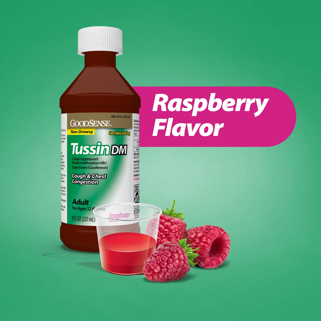 GoodSense Tussin Cough Syrup DM, Cough and Chest Congestion Relief, Raspberry Flavor, 8 Fl Oz