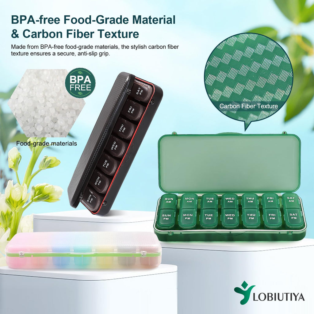 LOBIUTIYA Weekly Pill Organizer 2 Times a Day + 2 Detachable AM PM Travel Kits for Vitamin, Medicine, Supplement, Fish Oil - Gre