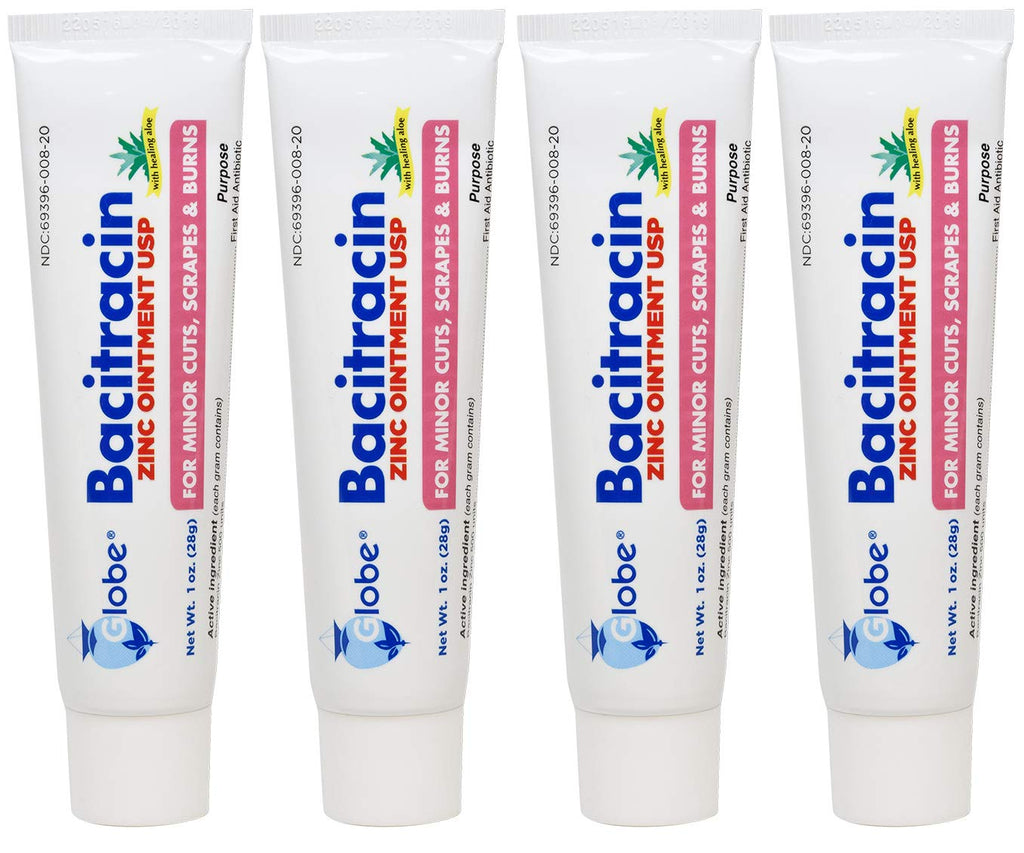 (4 Pack) Globe Bacitracin Zinc Ointment + Aloe 1oz, Antibiotic Ointment, Essential Antibiotic First Aid Supplies, Healing Action