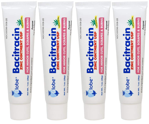 (4 Pack) Globe Bacitracin Zinc Ointment + Aloe 1oz, Antibiotic Ointment, Essential Antibiotic First Aid Supplies, Healing Action