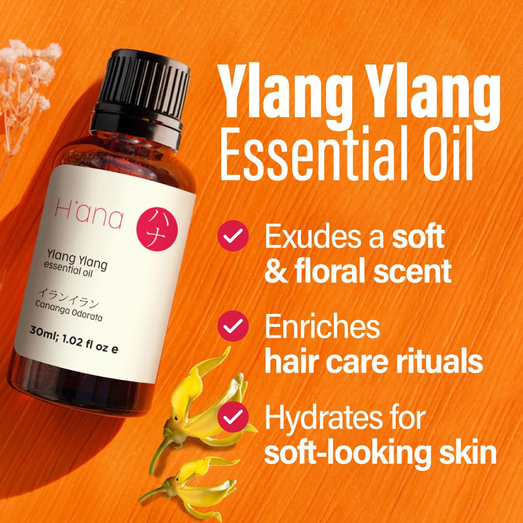 Hana Ylang-Ylang Essential Oil - 100% Pure and Natural Ylang Ylang Essential Oil for Hair, Diffuser, Skin and Aromatherapy (1 F