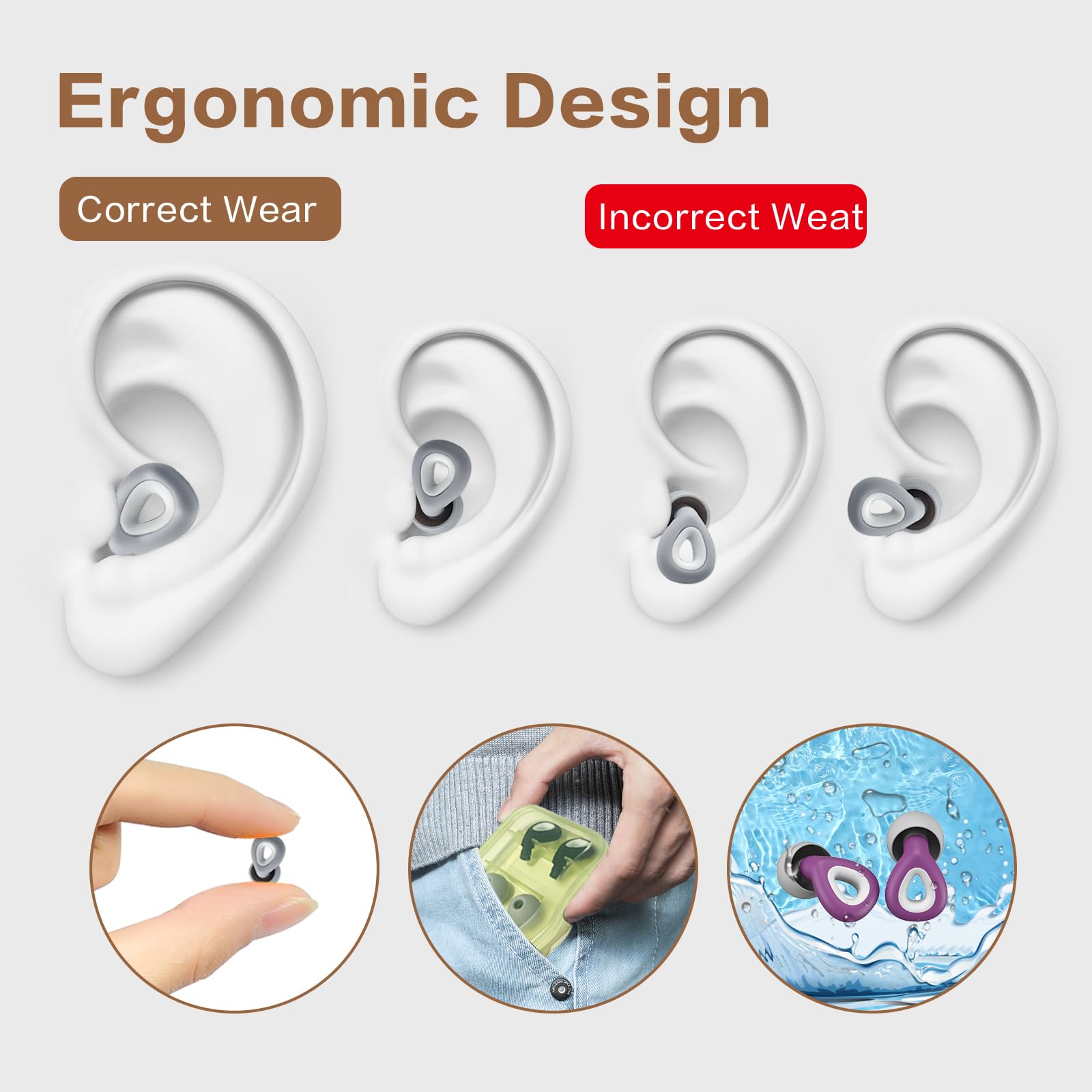 Ear Plugs for Sleeping Noise Cancelling Swimming Concerts Loud Music, Reusable Soft Silicone Ear Plugs for Kids and Adults 6 Tip