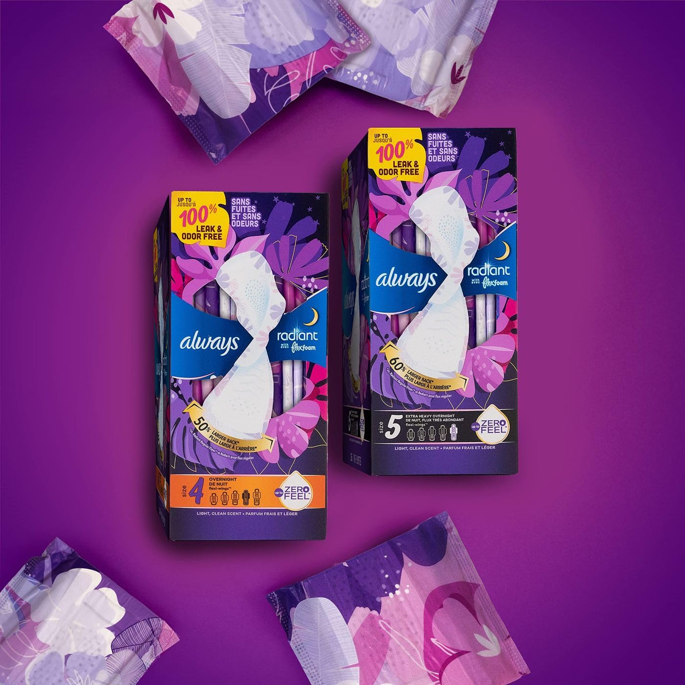 Always Radiant Overnight Feminine Pads for Women, Size 4 for Nighttime, with Wings, Scented, 60 CT