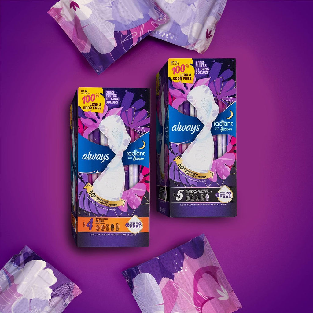 Always Radiant Overnight Feminine Pads for Women, Size 4 for Nighttime, with Wings, Scented, 60 CT
