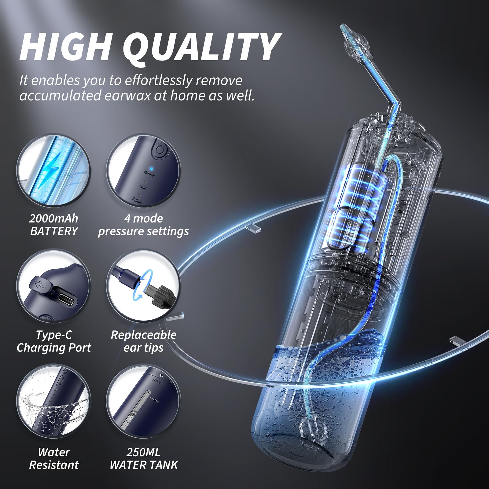 Ear Wax Removal - Electric Ear Irrigation Flushing System, Water Powered Ear Cleaner with 4 Pressure Modes, Safe and Effective E