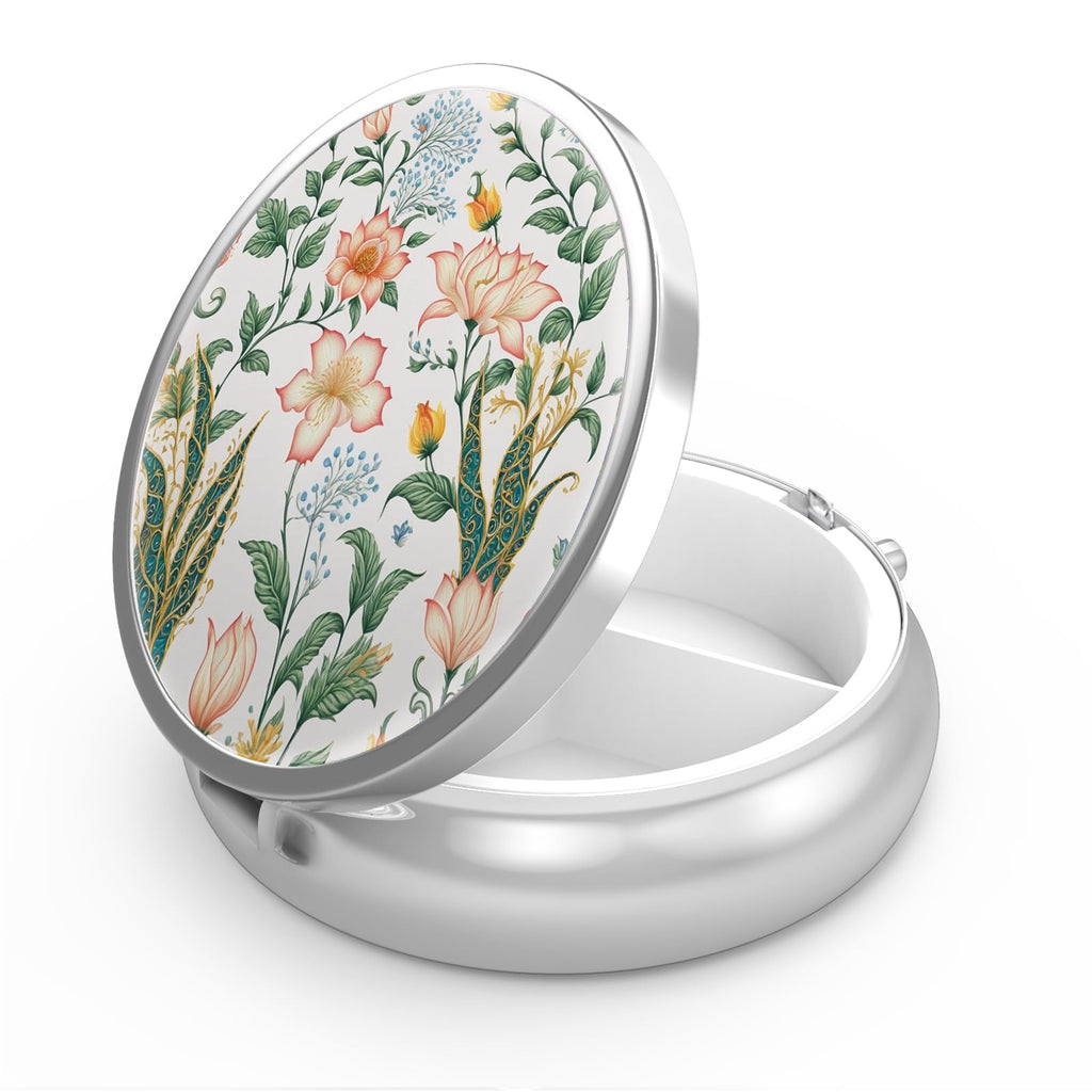 Floral Flower Decorative Metal Medicine Vitamin Organizer - 3 Compartment Portable Pill Box for Pocket or Purse