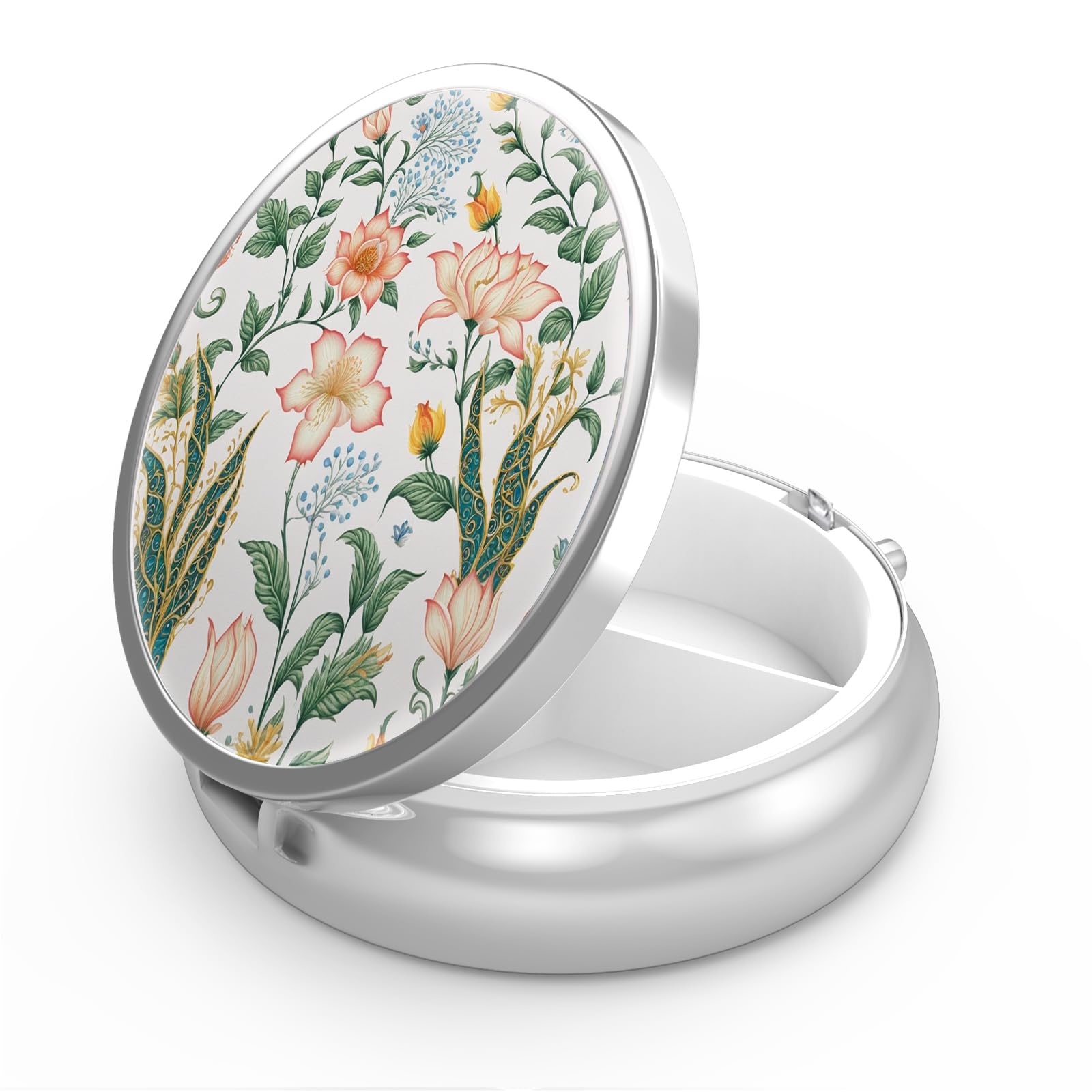Floral Flower Decorative Metal Medicine Vitamin Organizer - 3 Compartment Portable Pill Box for Pocket or Purse