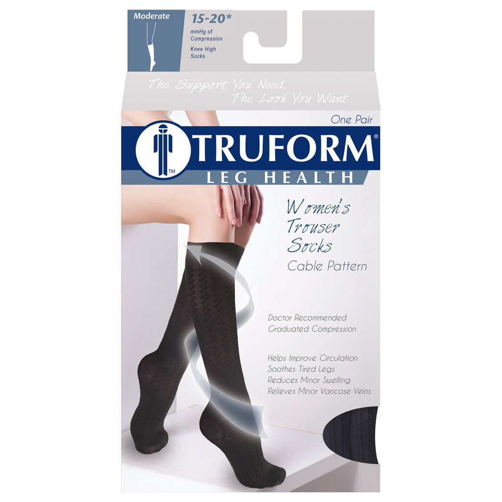 Truform Compression Socks, 15-20 mmHg, Women's Dress Socks, Knee High Over Calf Length, Navy Cable Knit, Small
