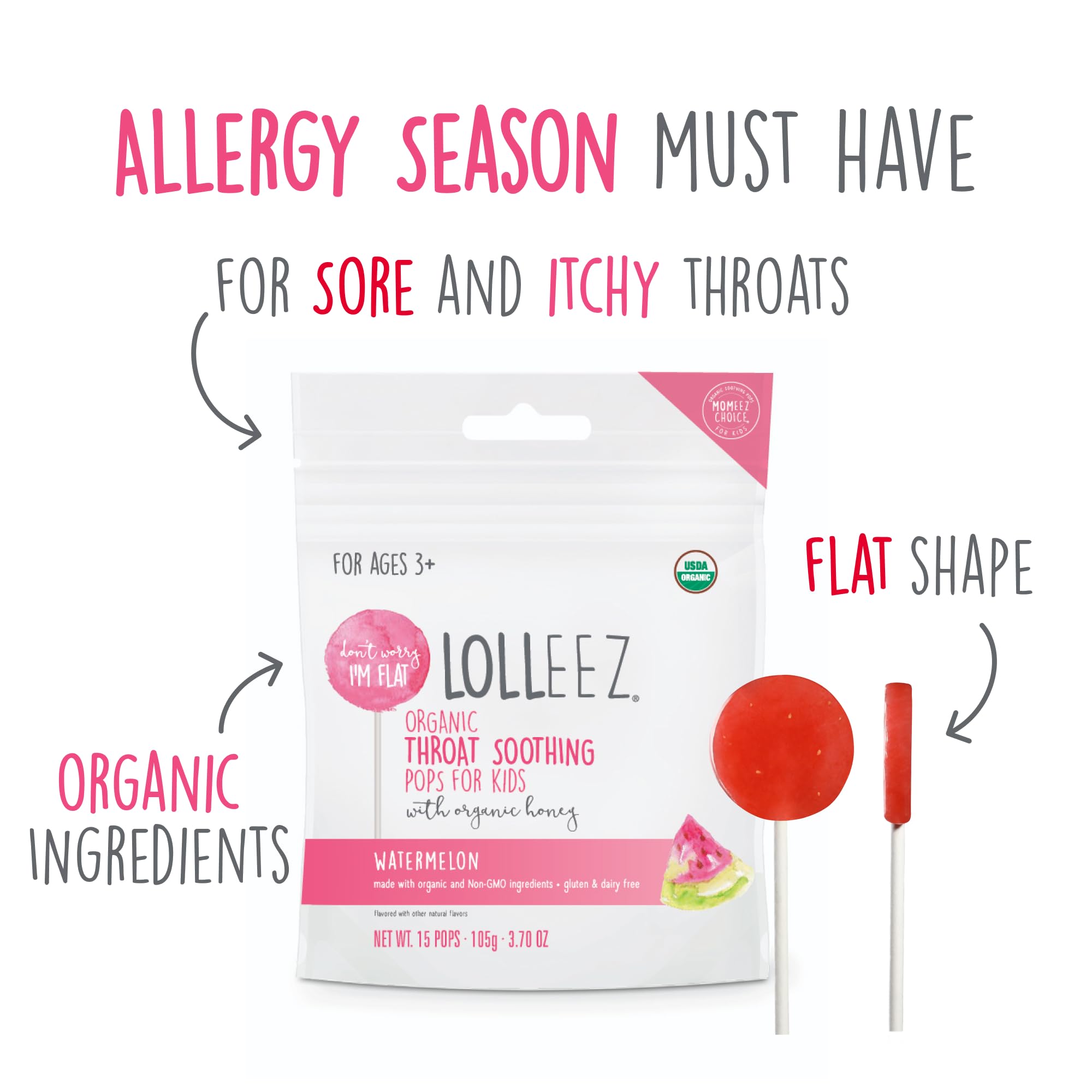 Lolleez Organic Lollipops for Sore Throat Relief - Perfect for Soothing A Sore Throat While Tasting Great - Watermelon, 2-Pack (