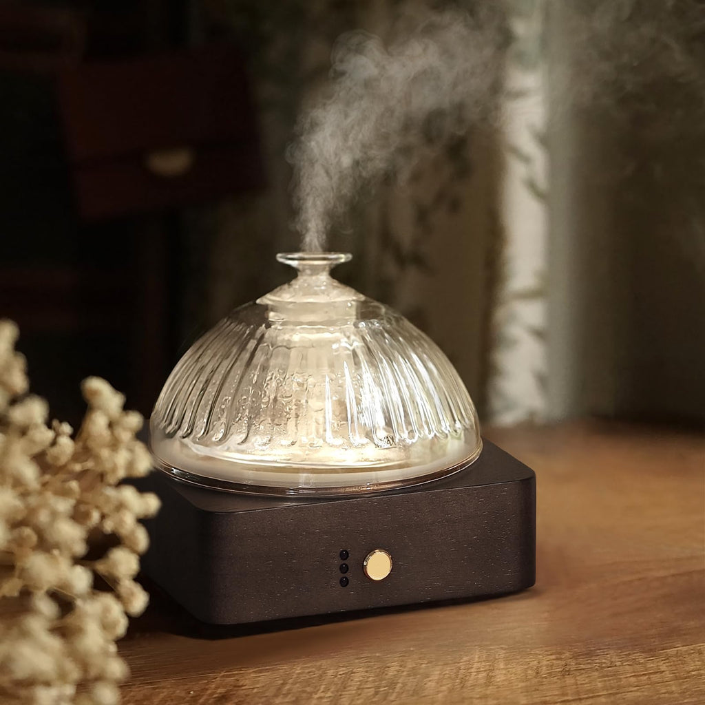 Glass Dome Essential Oil Diffuser with Glass Reservoir & Wood Base-Plastic Free, 200ml Ultrasonic Glass Diffuser for Aromatherap