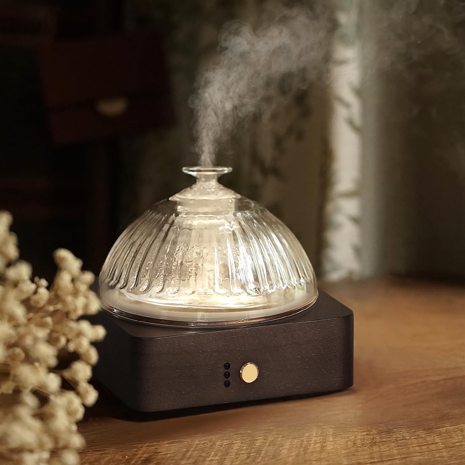 Glass Dome Essential Oil Diffuser with Glass Reservoir & Wood Base-Plastic Free, 200ml Ultrasonic Glass Diffuser for Aromatherap