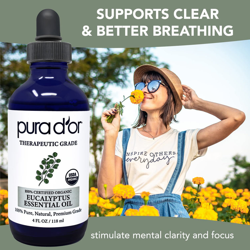 PURA DOR Organic Eucalyptus Essential Oil (4oz with Glass Dropper) 100% Pure & Natural Therapeutic Grade for Hair, Body, Skin,