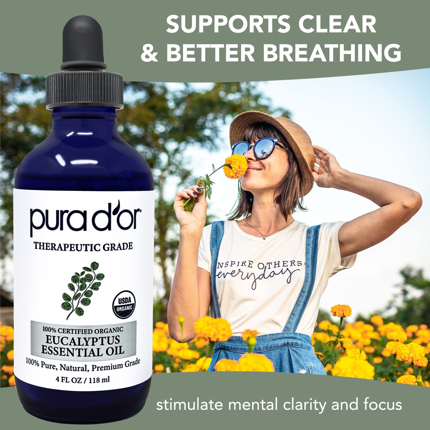 PURA DOR Organic Eucalyptus Essential Oil (4oz with Glass Dropper) 100% Pure & Natural Therapeutic Grade for Hair, Body, Skin,
