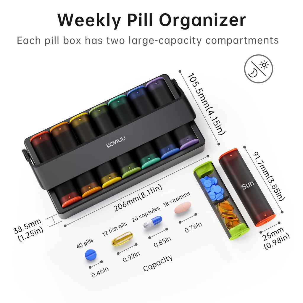 Weekly Pill Organizer 2 Times a Day, KOVIUU Large Travel Pill Box 7 Day, Am Pm Twice Daily Pill Case with Rotatable Handle, Pill