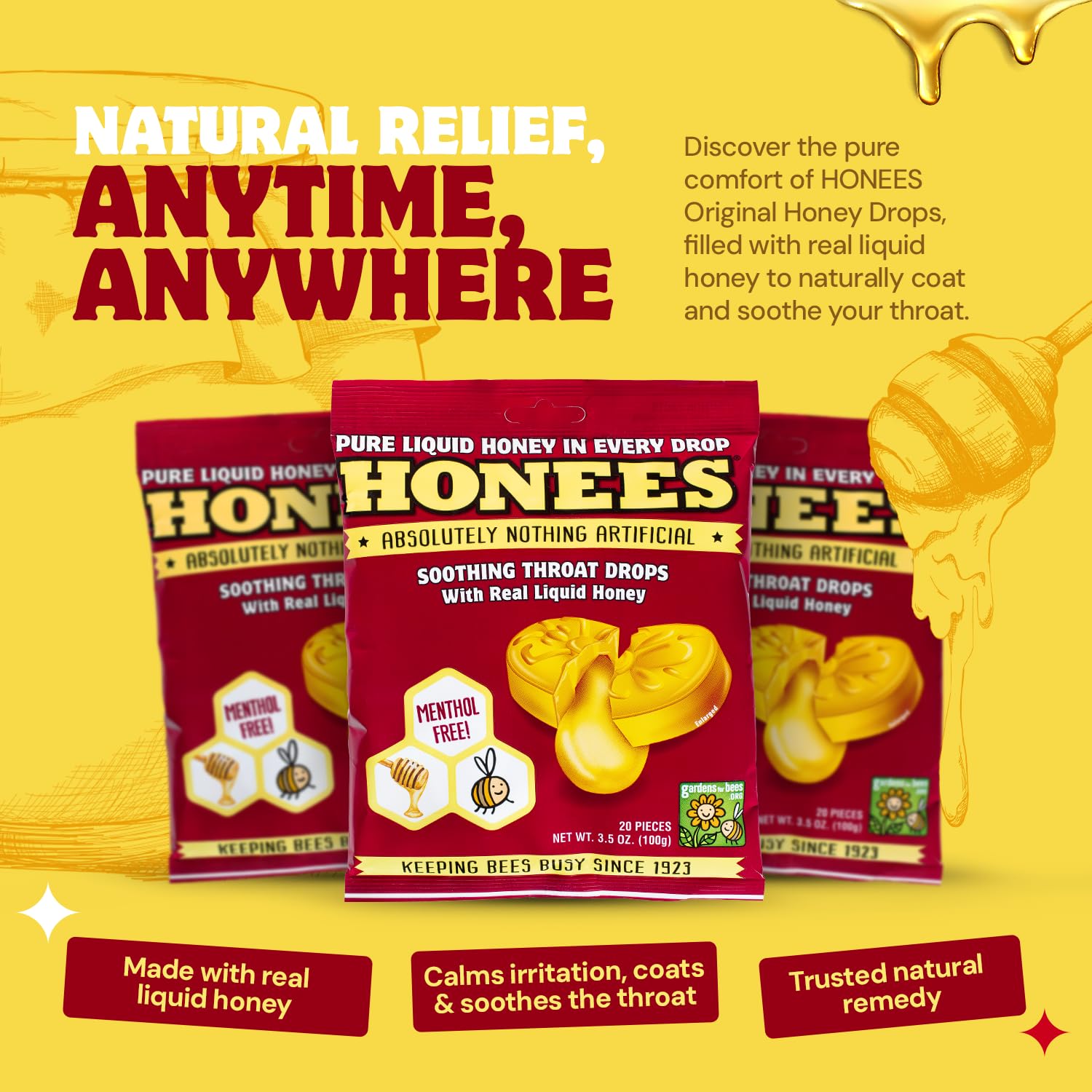 Honees Honey Filled Drops, Cough Drops with Real Honey-Natural Sore Throat Relief-Nothing Artificial-Throat Coat Lozenges, Natur