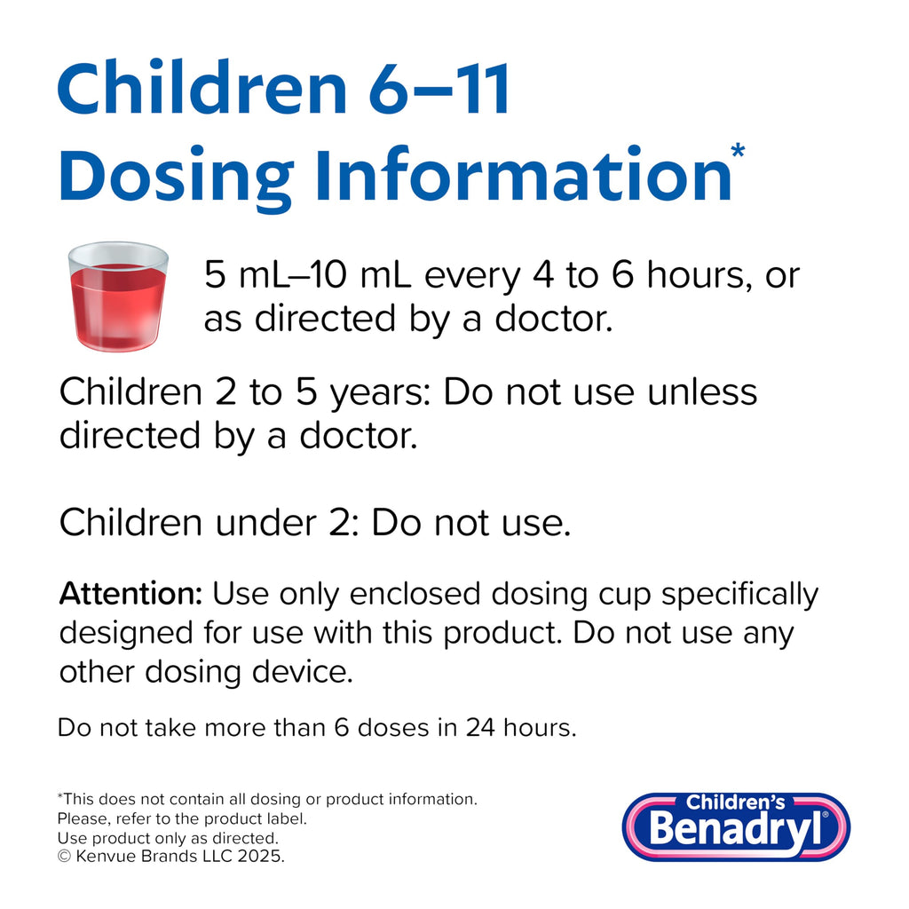 Benadryl Childrens Allergy Relief Liquid Medicine with Diphenhydramine HCl, Kids Allergy Syrup for Allergy Symptoms Like Runny