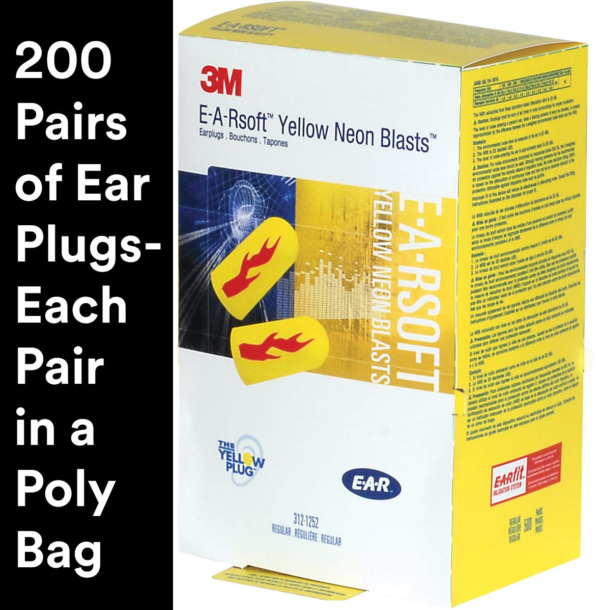 3M Ear Plugs, 200 Pairs/Box, E-A-Rsoft Yellow Neon Blasts 312-1252, Uncorded, Disposable, Foam, NRR 33, Drilling, Grinding, Mach