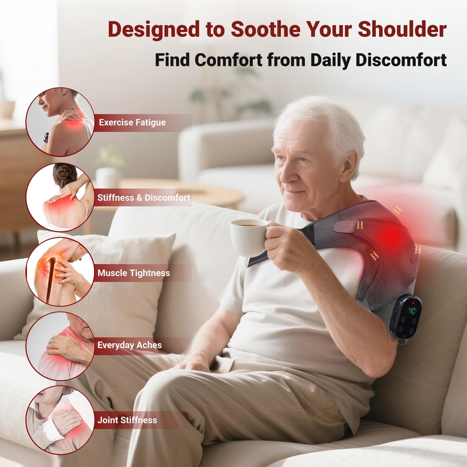 ObigaVc Cordless Shoulder Heating Pad with Massage, Red Light Massager for Soothe Discomfort, Heated Support Wrap for Muscle Com