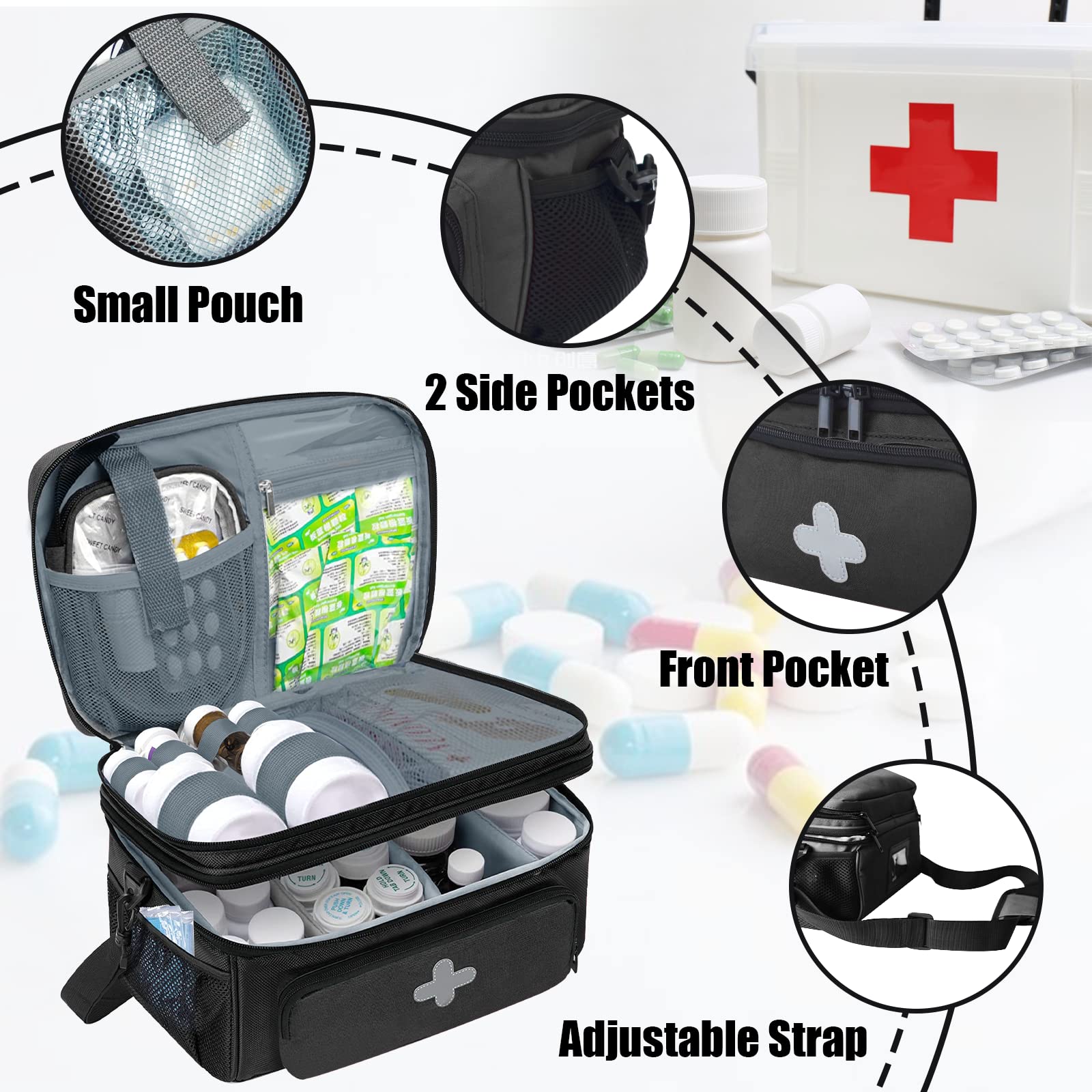 GDNasist Medicine Storage Bag, Pill Bottle Organizer for Emergency, Medicine Box Empty with Small Portable Pouch, First Aid Box