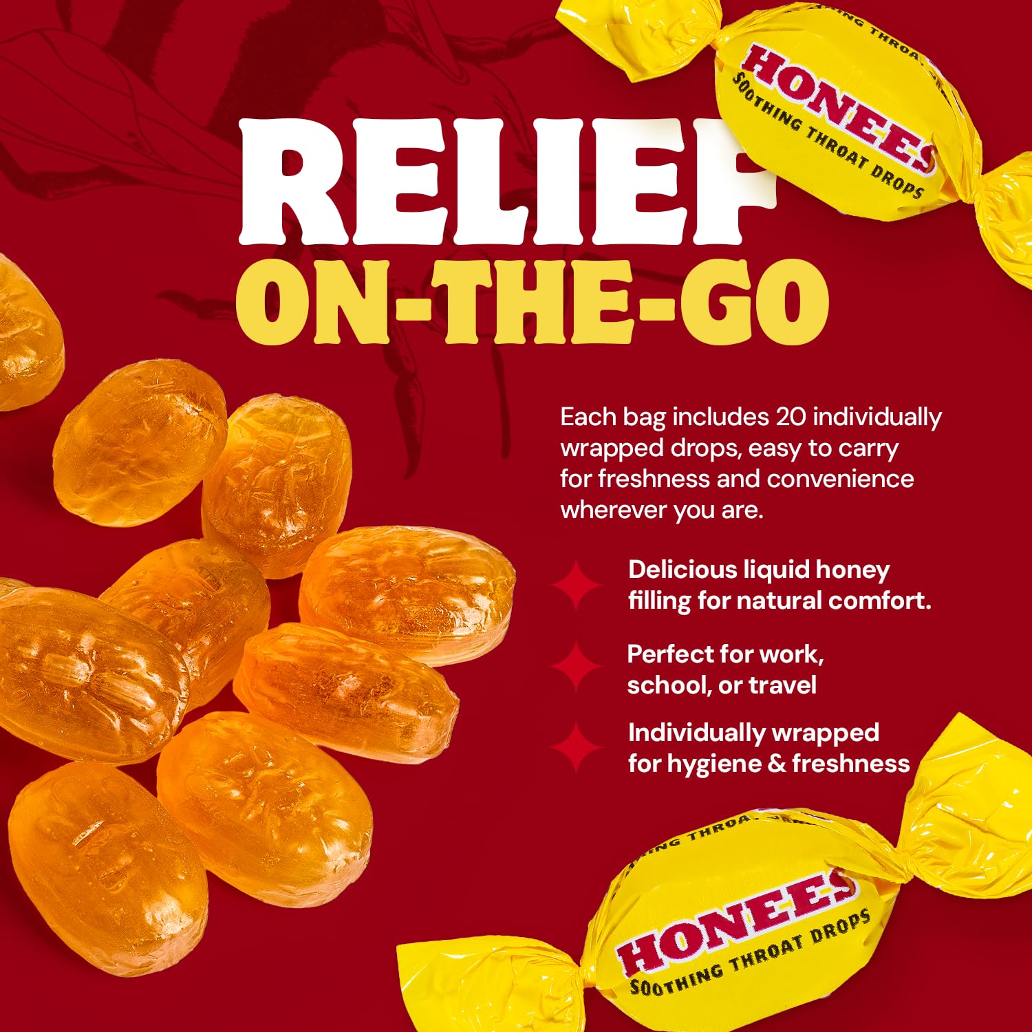 Honees Honey Filled Drops, Cough Drops with Real Honey-Natural Sore Throat Relief-Nothing Artificial-Throat Coat Lozenges, Natur