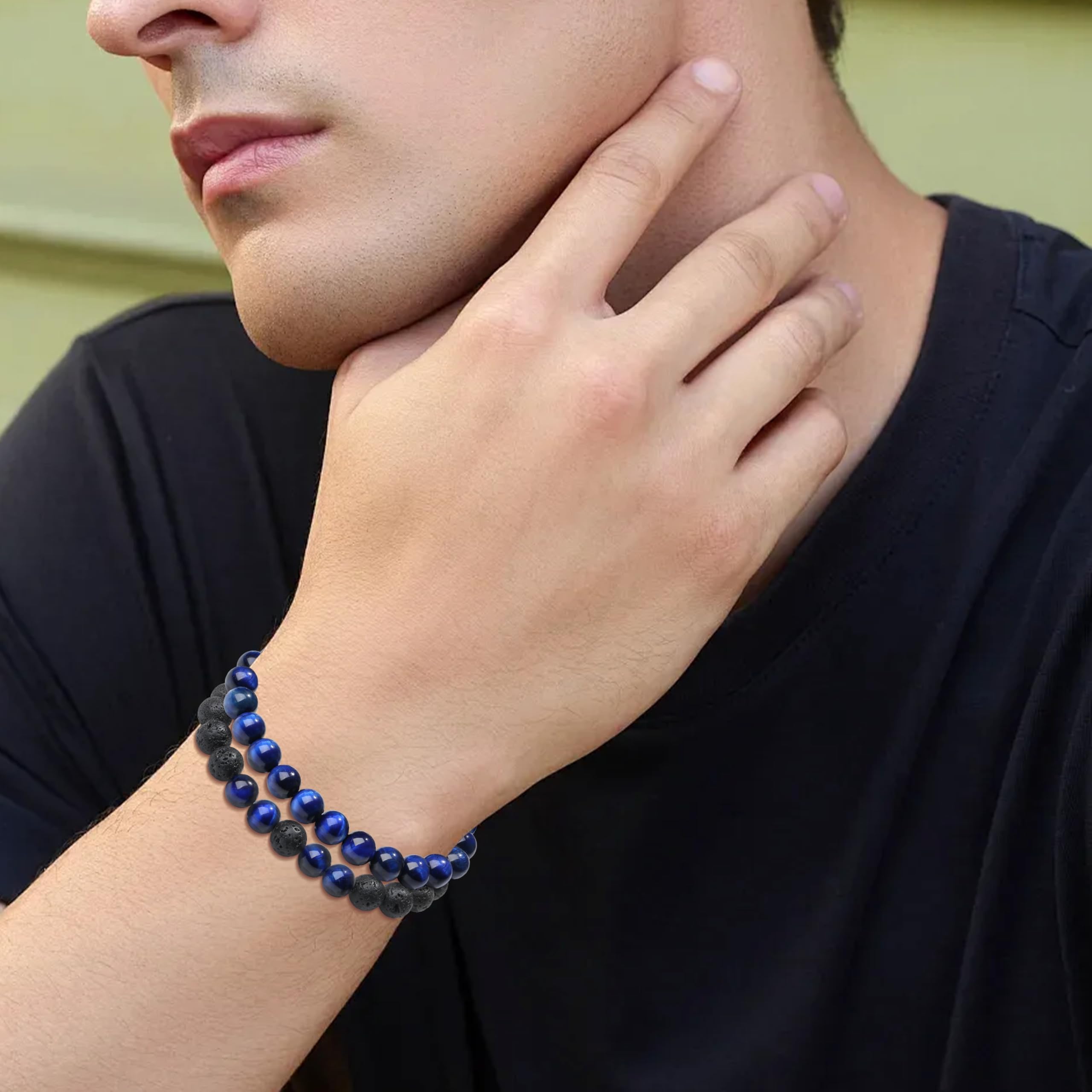 XIANNVXI Blue Crystal Bead Bracelet for Mens 4PC 8mm Natural Stone Beads Bracelets Set Tiger Eye Blue Black Crystal Stretch Bead