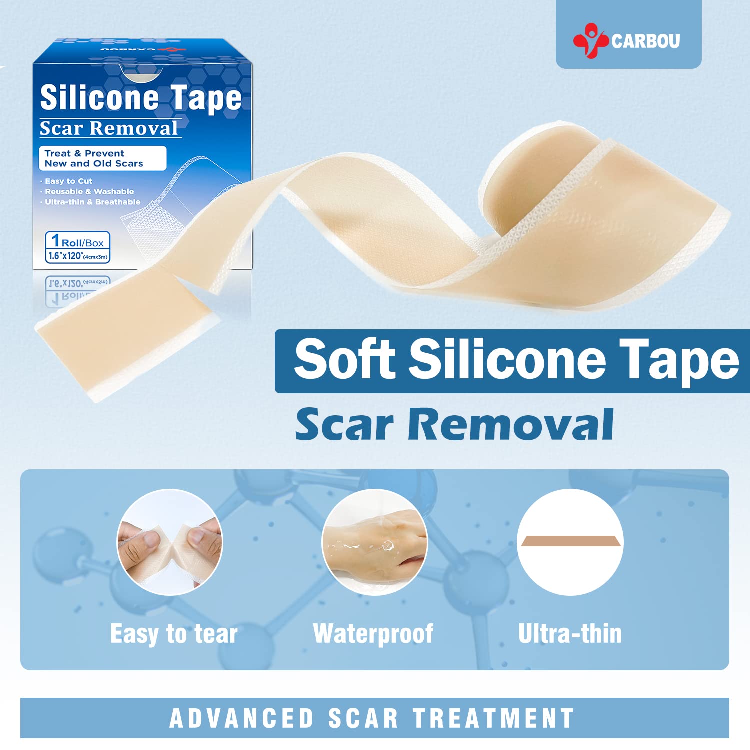 Carbou Medical Silicone Scar Sheets (1.6''x 120''Roll),Soft Silicone Scar Tape,Easy-Tear Silicone Tape for Scars Treatment,Profe