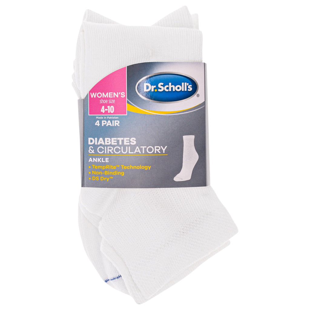 Dr. Scholl's Women's 4 Pack Diabetic and Circulatory Non Binding Ankle Socks, White, Shoe Size: 8-12